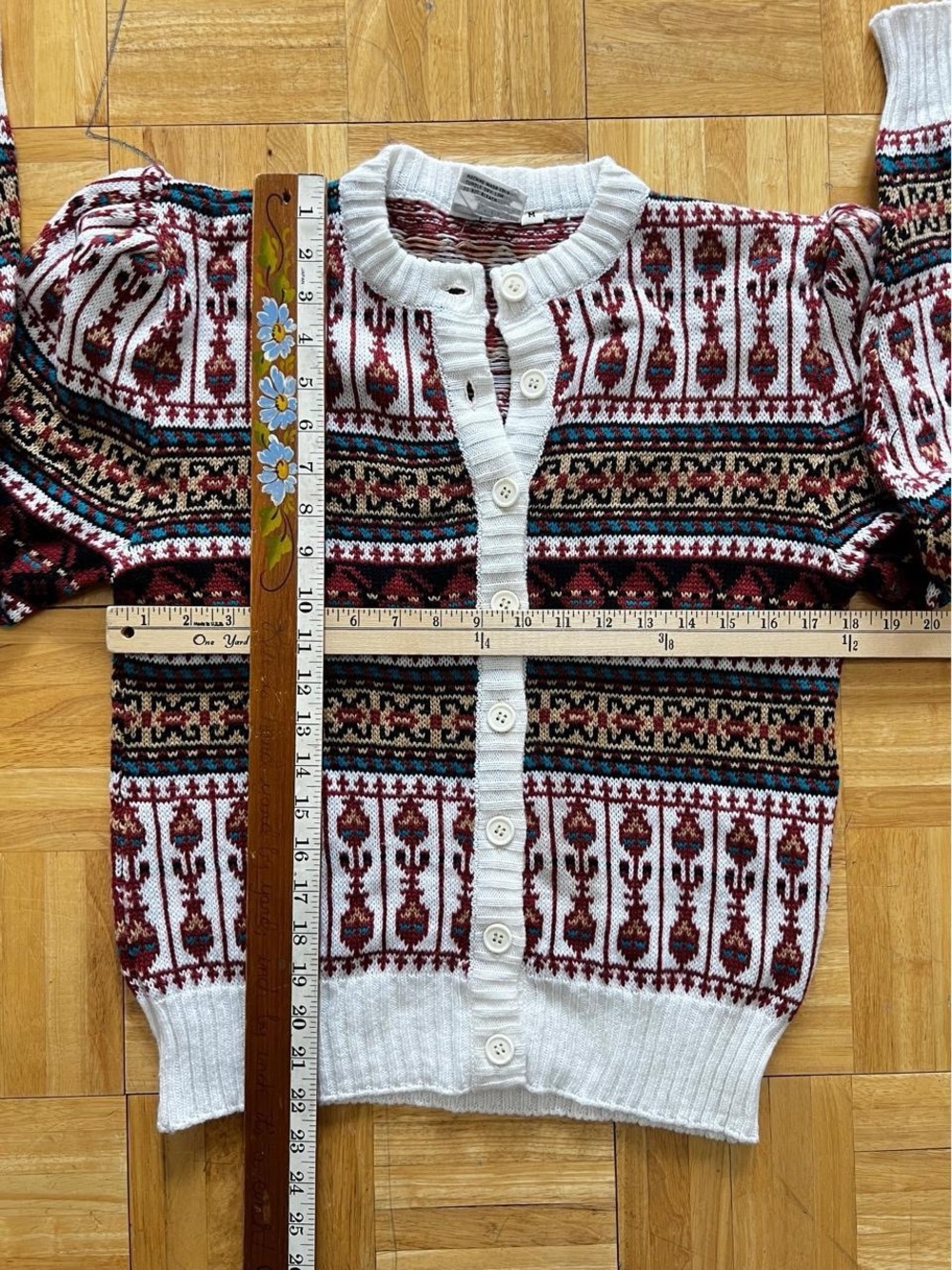 Vintage Fair Isle Puff Sleeve Knit Cardigan Sweater Folk Prairie Cottagecore M - Picture 6 of 6